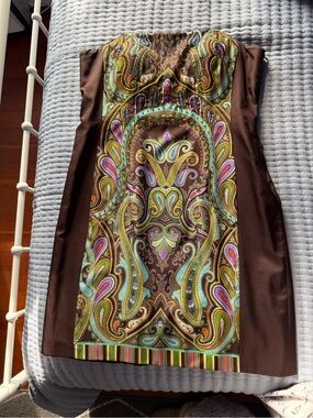 Theia Strapless Paisley Print Cocktail Dress in Brown, Turquoise, Green, Purple